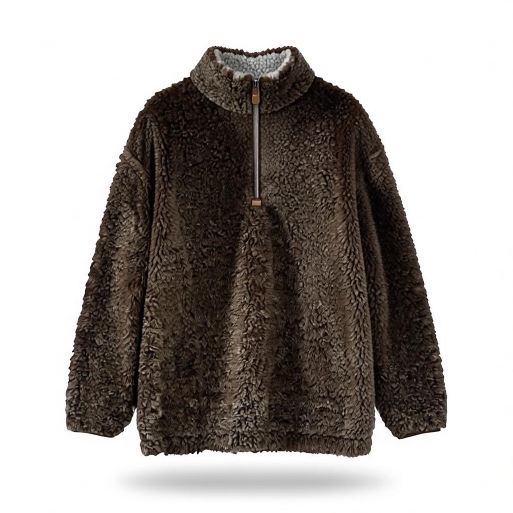 Brown Sherpa Quarter Zip Pullover Faux Fur Teddy Fleece Jacket Small